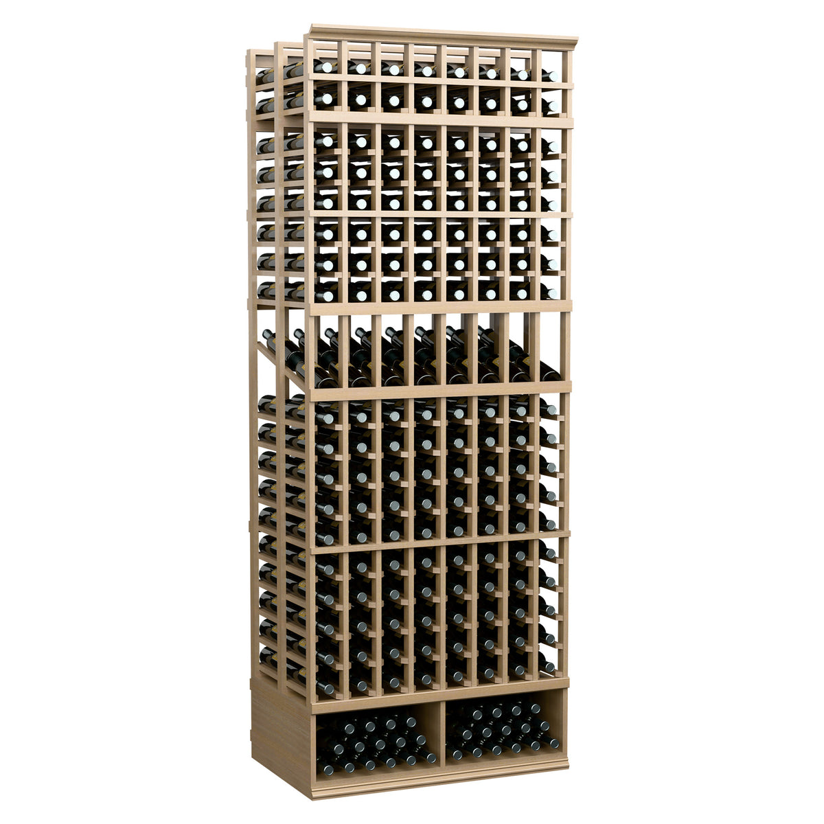 Light wood 8-column double-deep wine bottle display rack, angled front with grid bottle slots