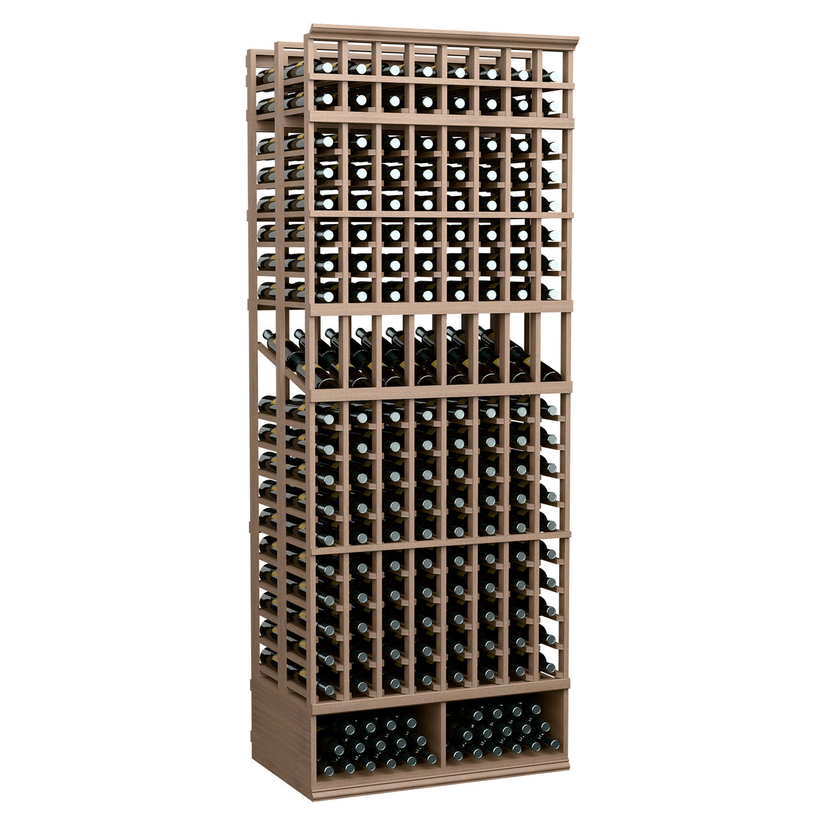 8-column double-deep wine bottle display rack with glass-front bottle rows, light wood.