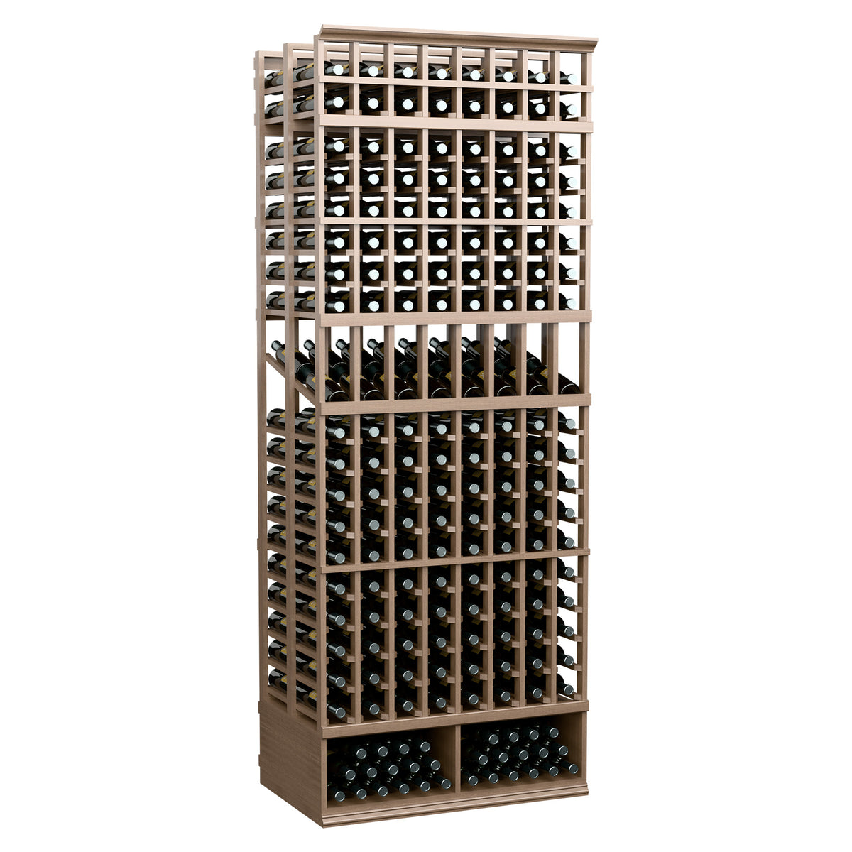 Light wood 8-column double-deep wine bottle display rack with front grid bottle slots
