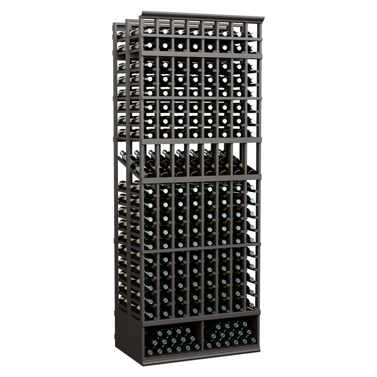 Dark gray 8-column double-deep wine bottle display rack with stacked front bottle compartments