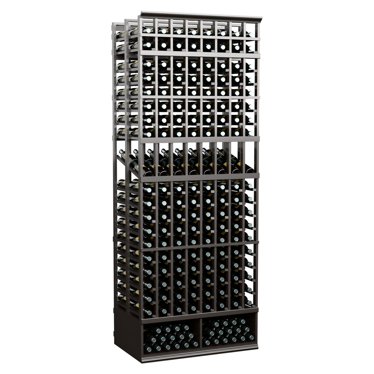 Dark gray 8-column double-deep wine bottle display rack with front grid bottle slots