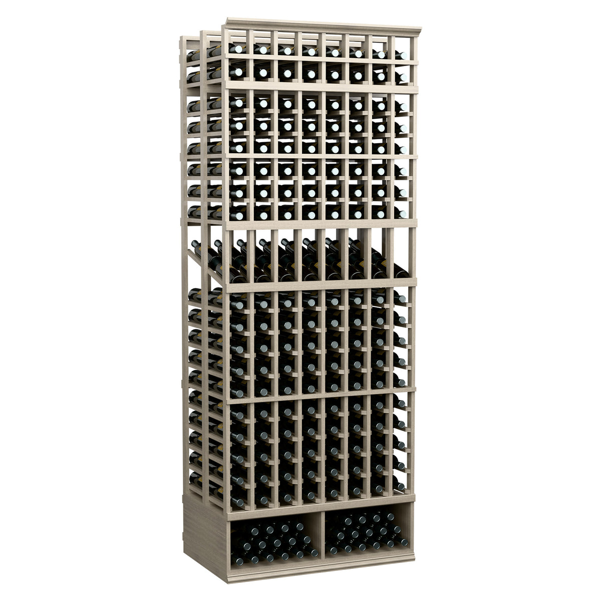 Grey wine bottle display rack, double-deep 8-ft, 8 columns, slightly angled