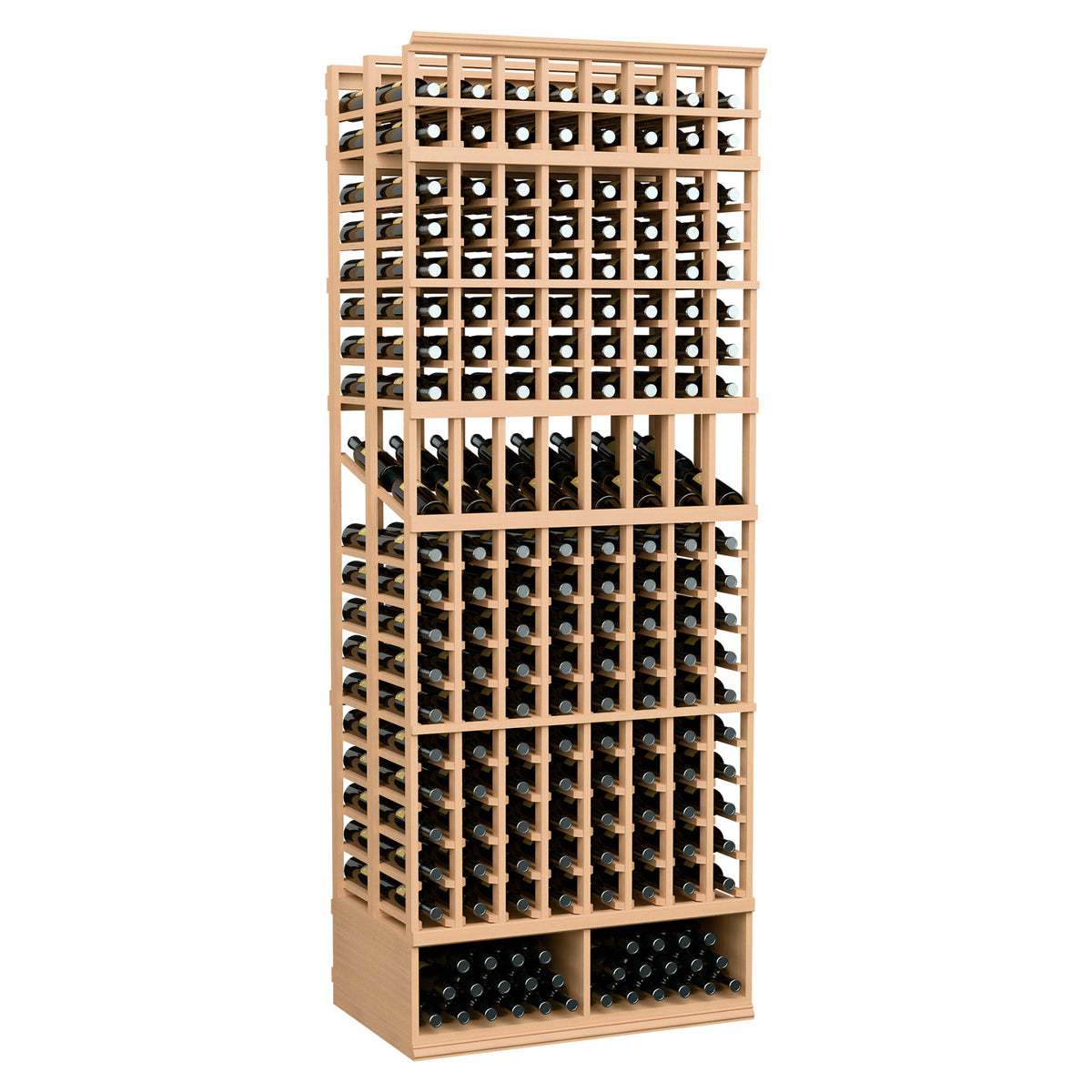 Light wood wine bottle display rack, double-deep 8-ft, 8 columns, front-facing