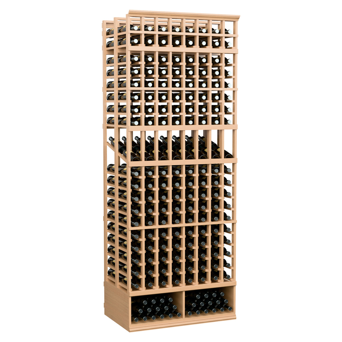 Light wood wine bottle display rack, double-deep 8-ft, 8 columns, slightly angled