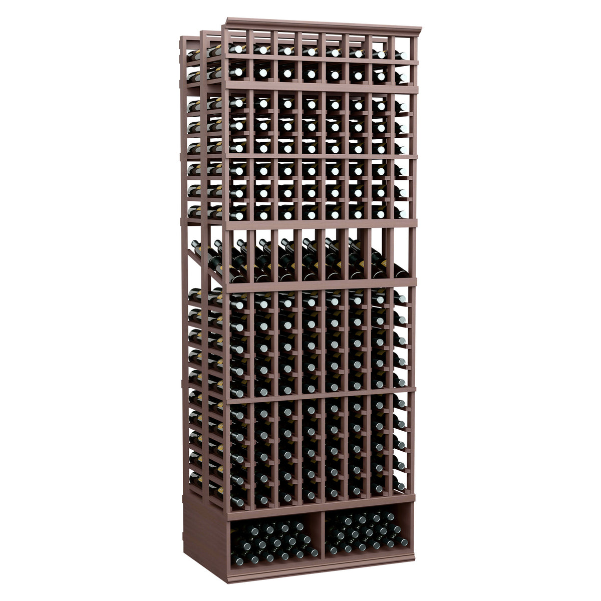Dark wine bottle display rack, double-deep 8-ft, 8 columns, front-facing