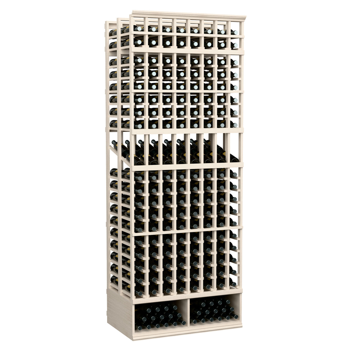 White-washed wine bottle display rack, double-deep 8-ft, 8 columns, front-facing