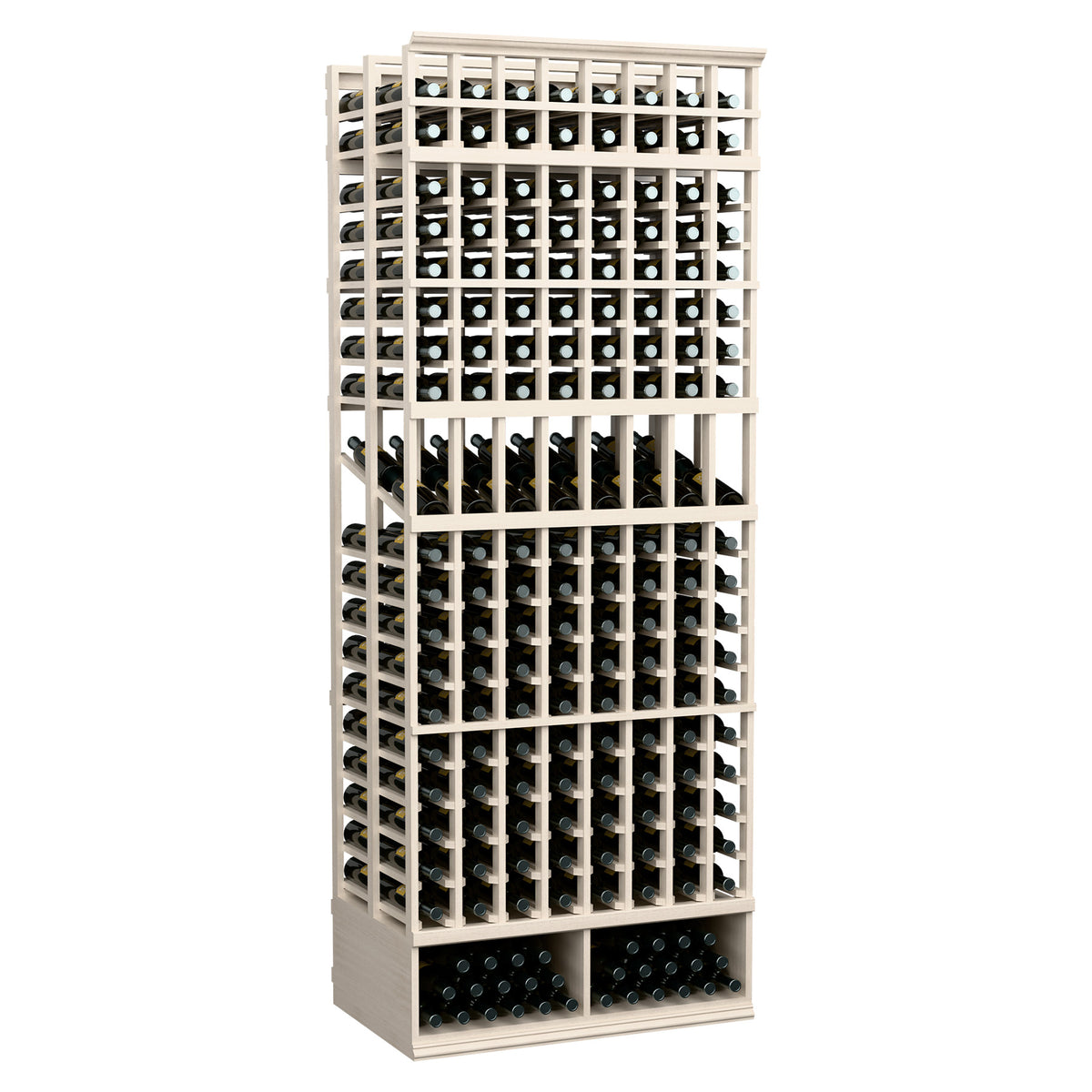 White-washed wine bottle display rack, double-deep 8-ft, 8 columns, slightly angled