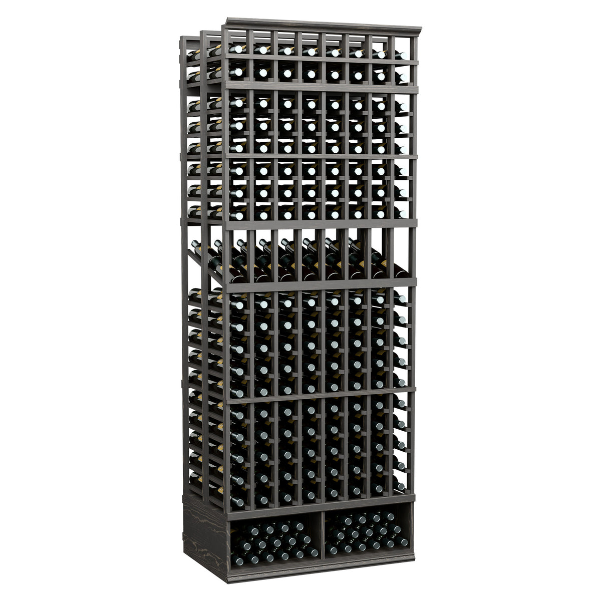8ft double deep wine bottle display rack, black frame with front bottle rows