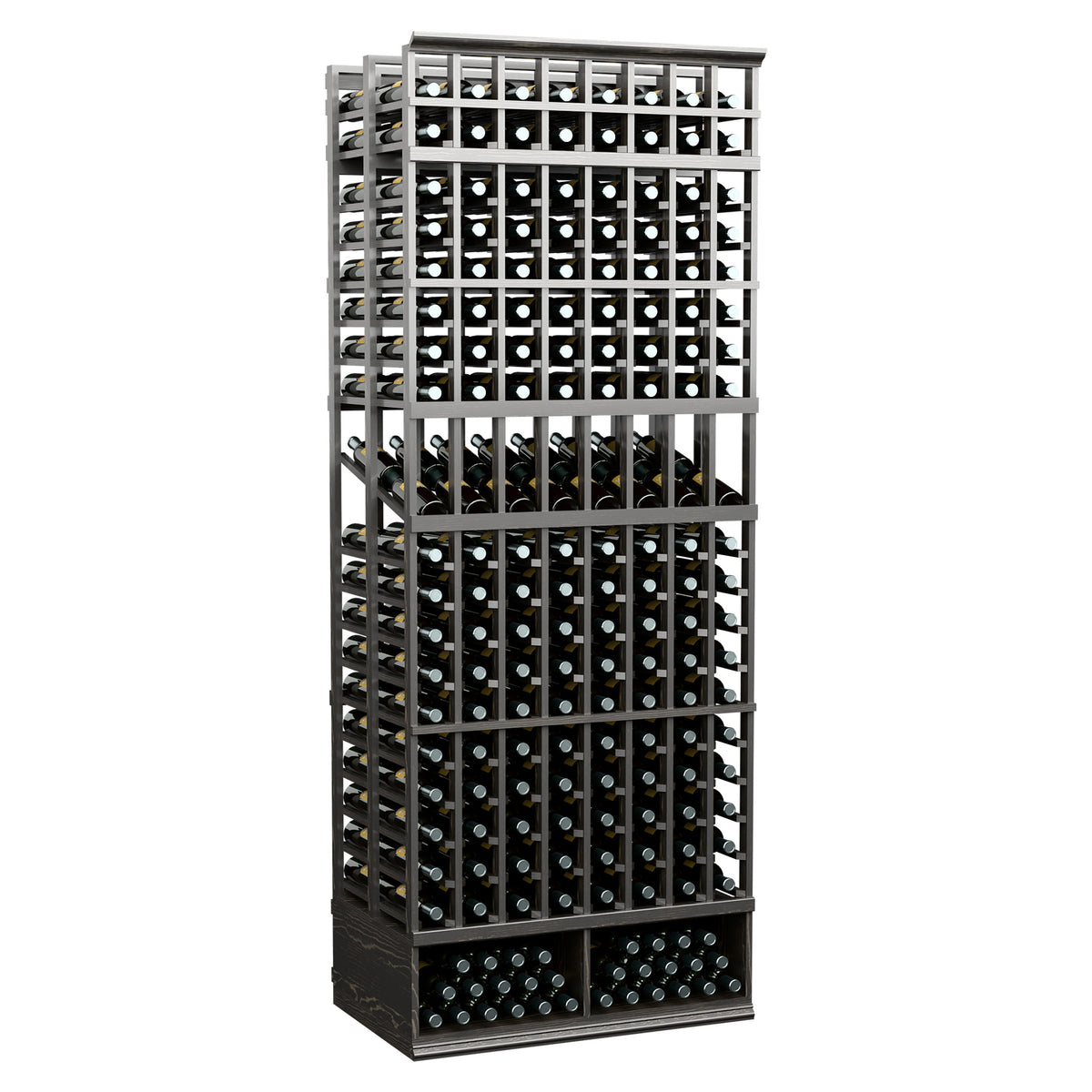 8ft double deep wine bottle display rack, black metal frame with stacked bottles
