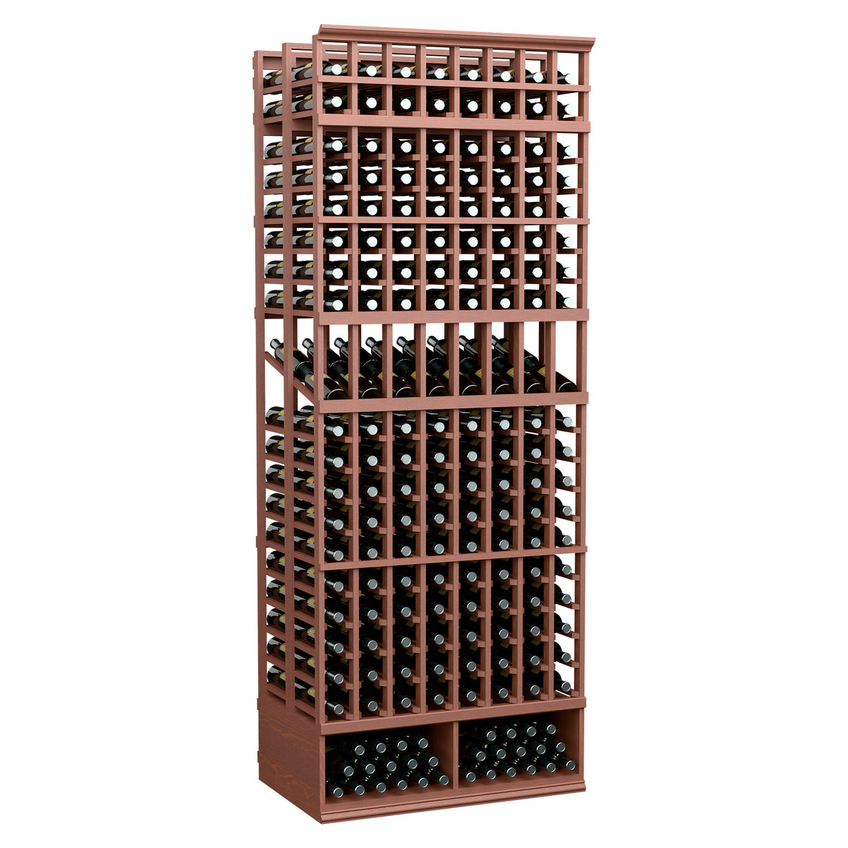 8ft double deep wine bottle display rack, reddish-brown wood frame with bottle slots