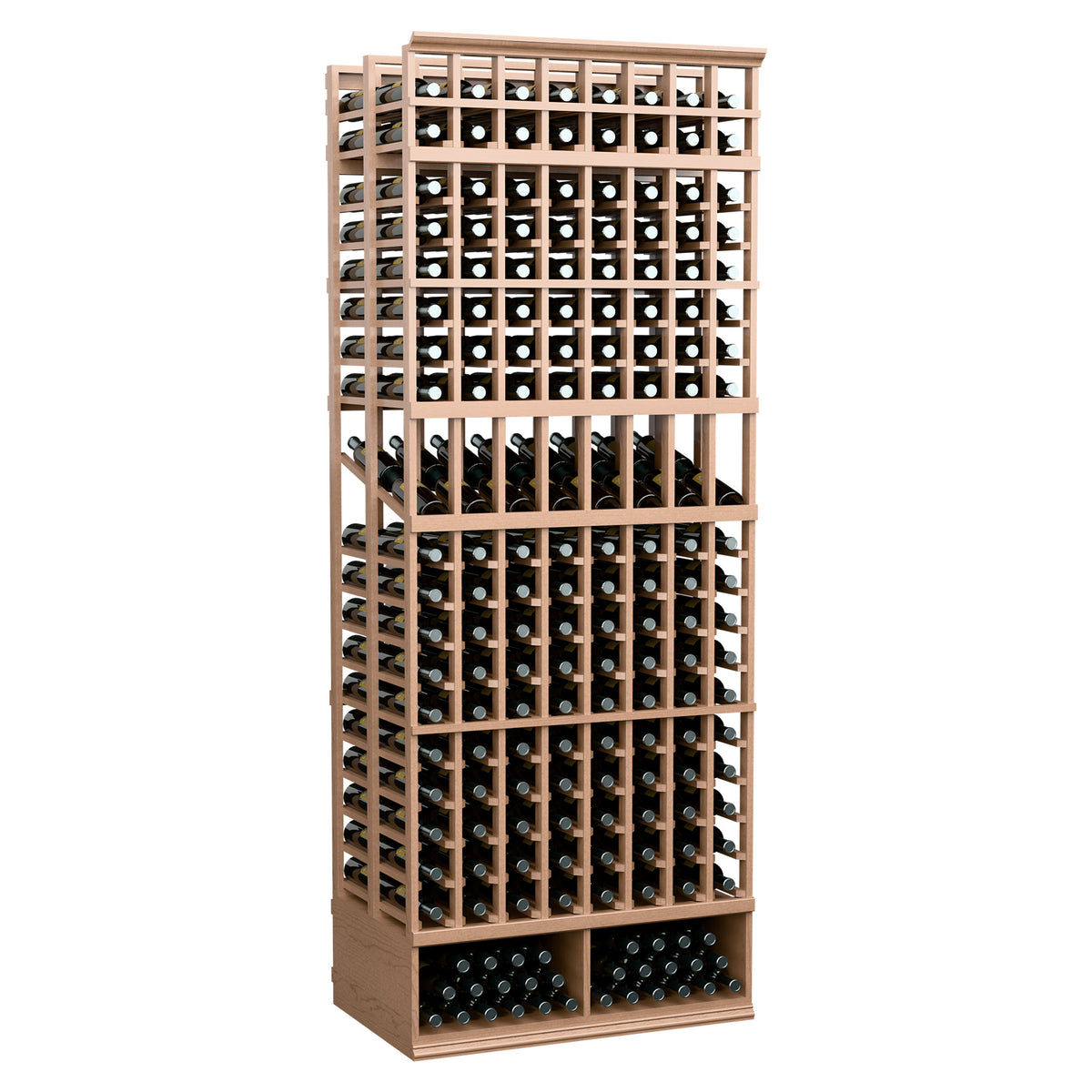 8ft double deep wine bottle display rack, light wood frame holding stacked bottles