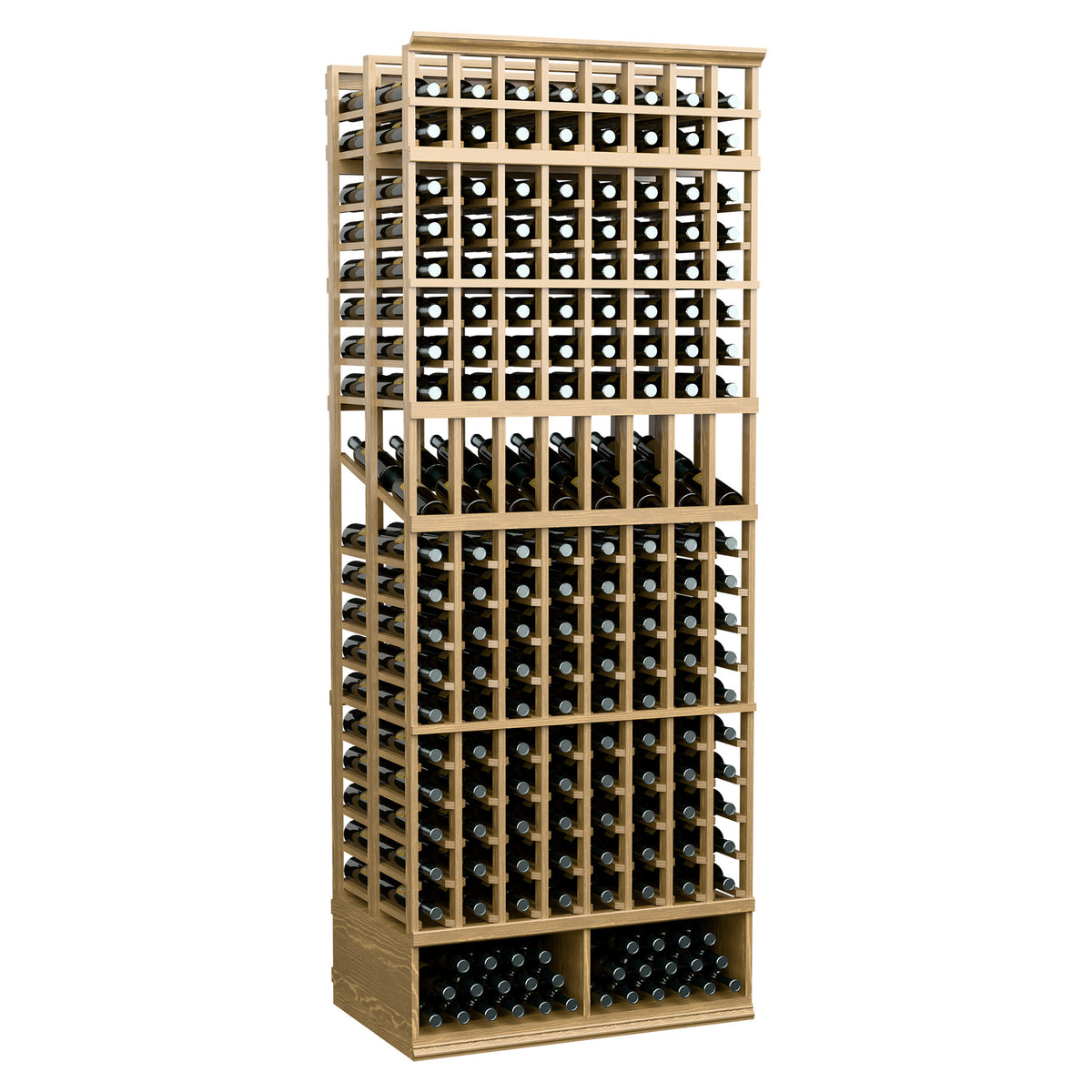8ft double deep wine bottle display rack, pale wood frame with front row bottle storage