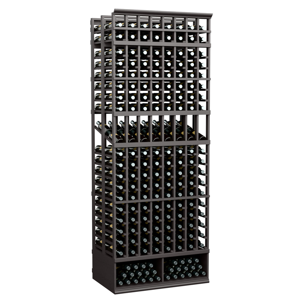 8ft double deep wine bottle display rack, black frame with crisscross support and bottles
