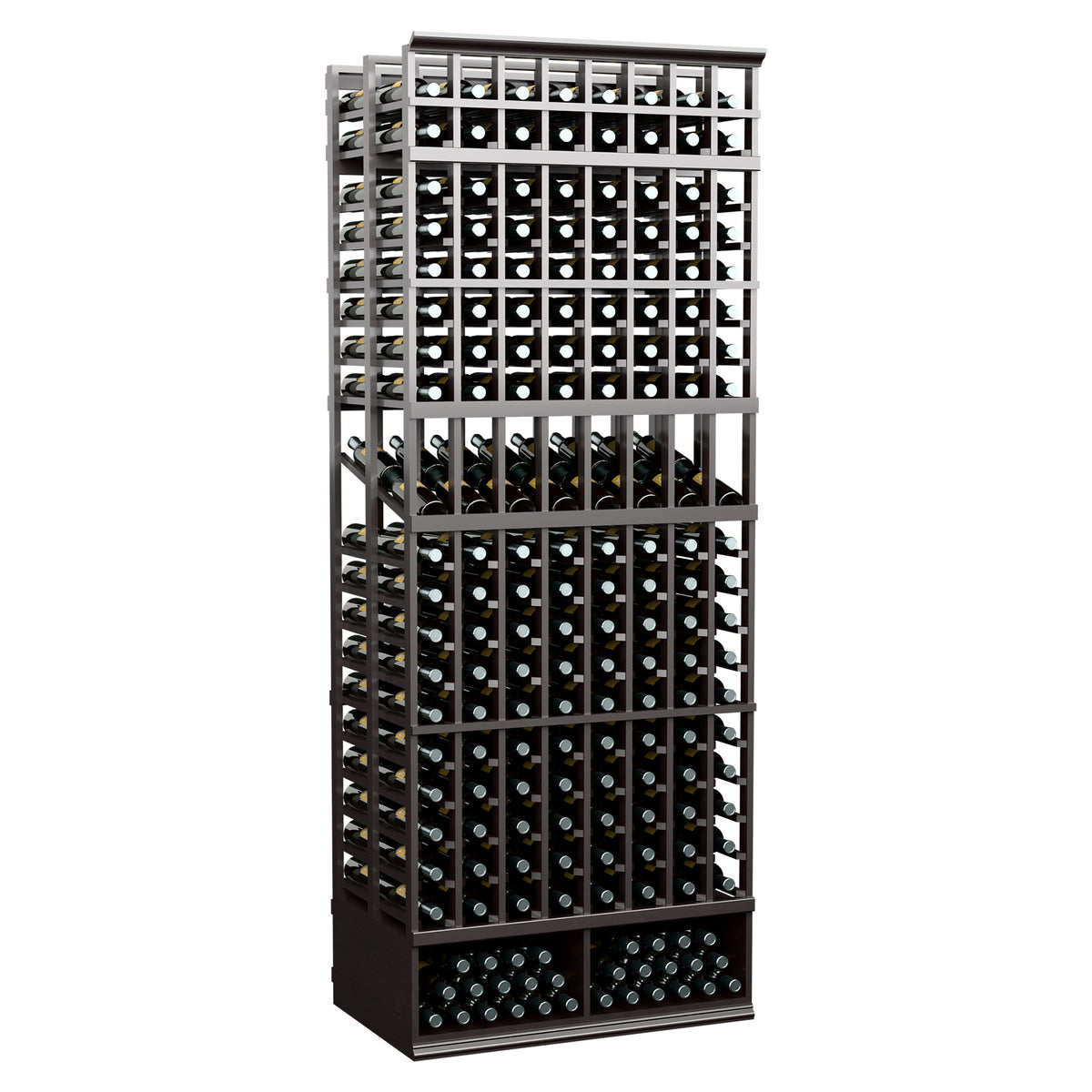 8ft double deep wine bottle display rack, black metal frame with multiple bottle rows