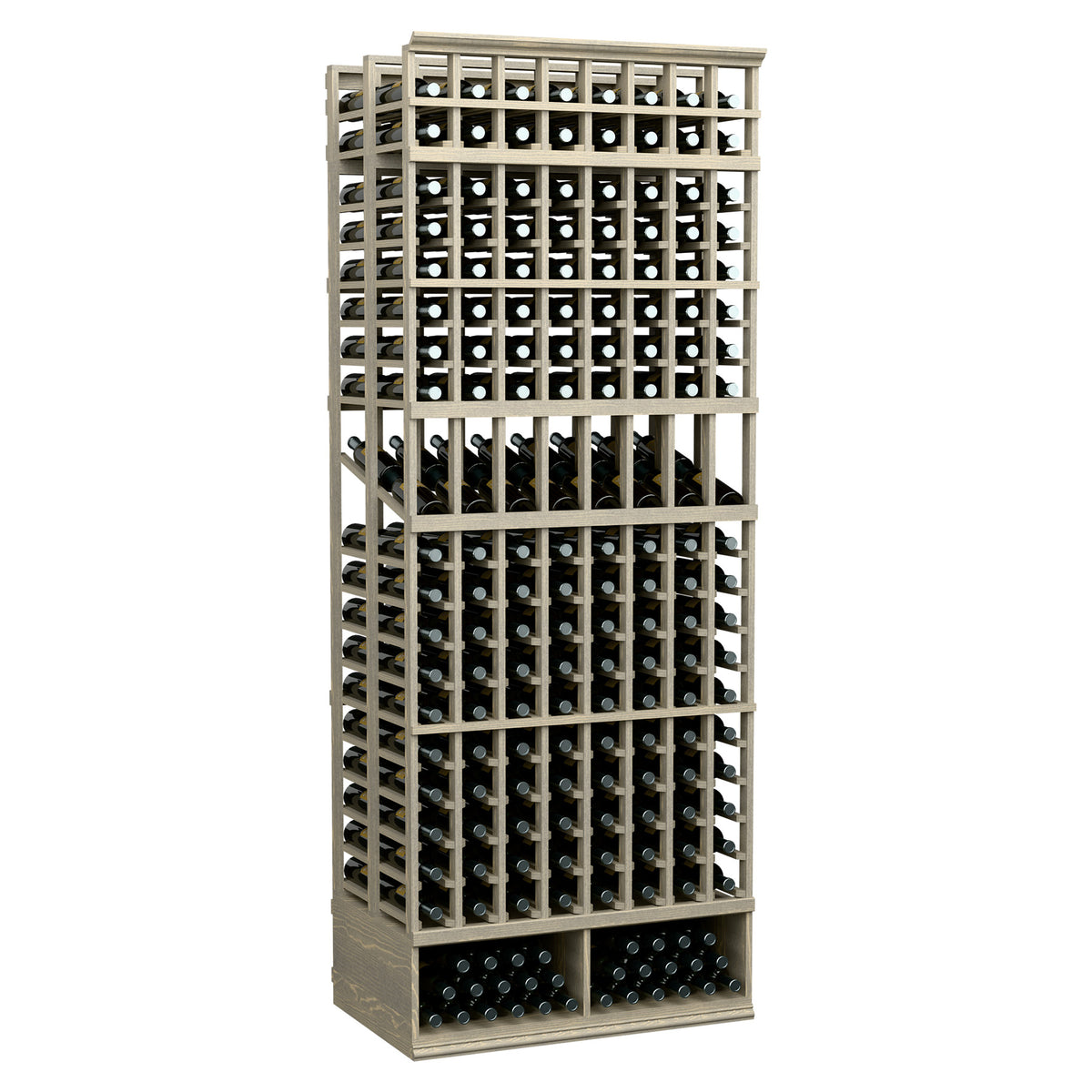 Wine bottle display rack, 8-column double-deep, light wood frame with black bottle slots