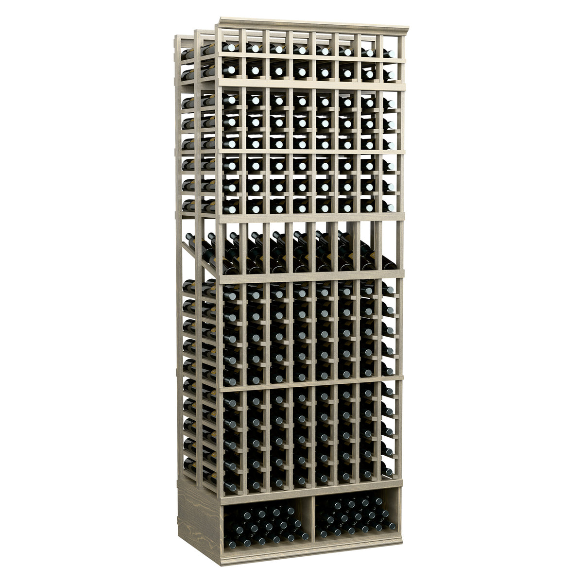 Wine bottle display rack, 8-column double-deep, light wood frame with black bottle slots