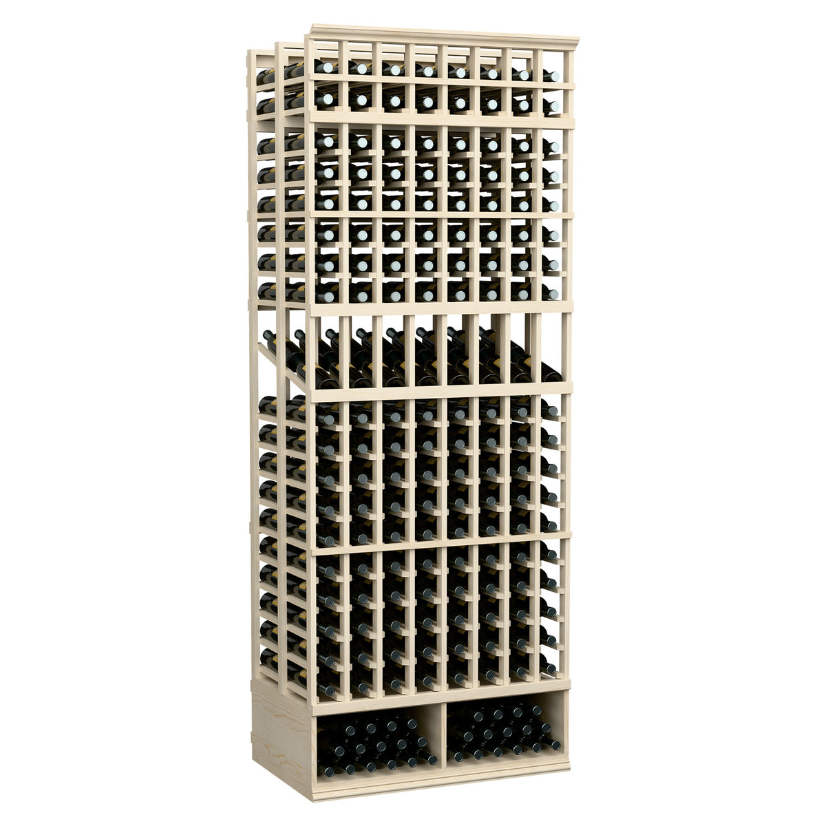 Wine bottle display rack, 8-column double-deep, pale wood frame with black bottle slots