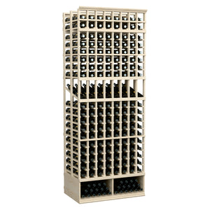 Wine bottle display rack, 8-column double-deep, pale wood frame with black bottle slots