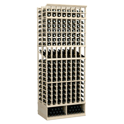 Wine bottle display rack, 8-column double-deep, pale wood frame with black bottle slots