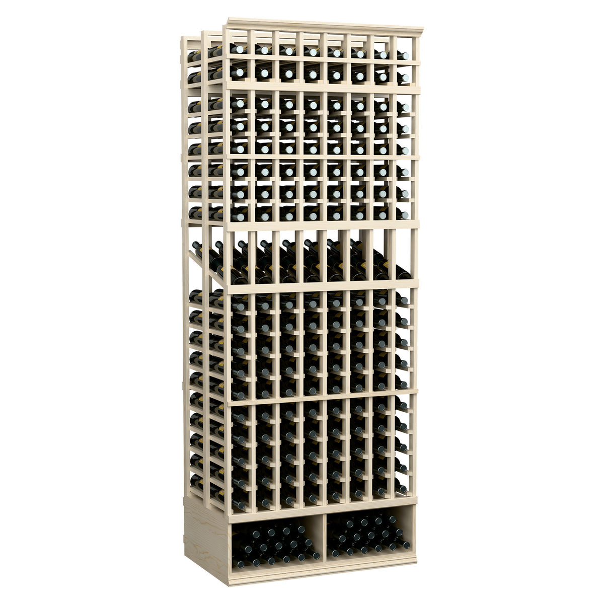 Wine bottle display rack, 8-column double-deep, pale wood frame with black bottle slots