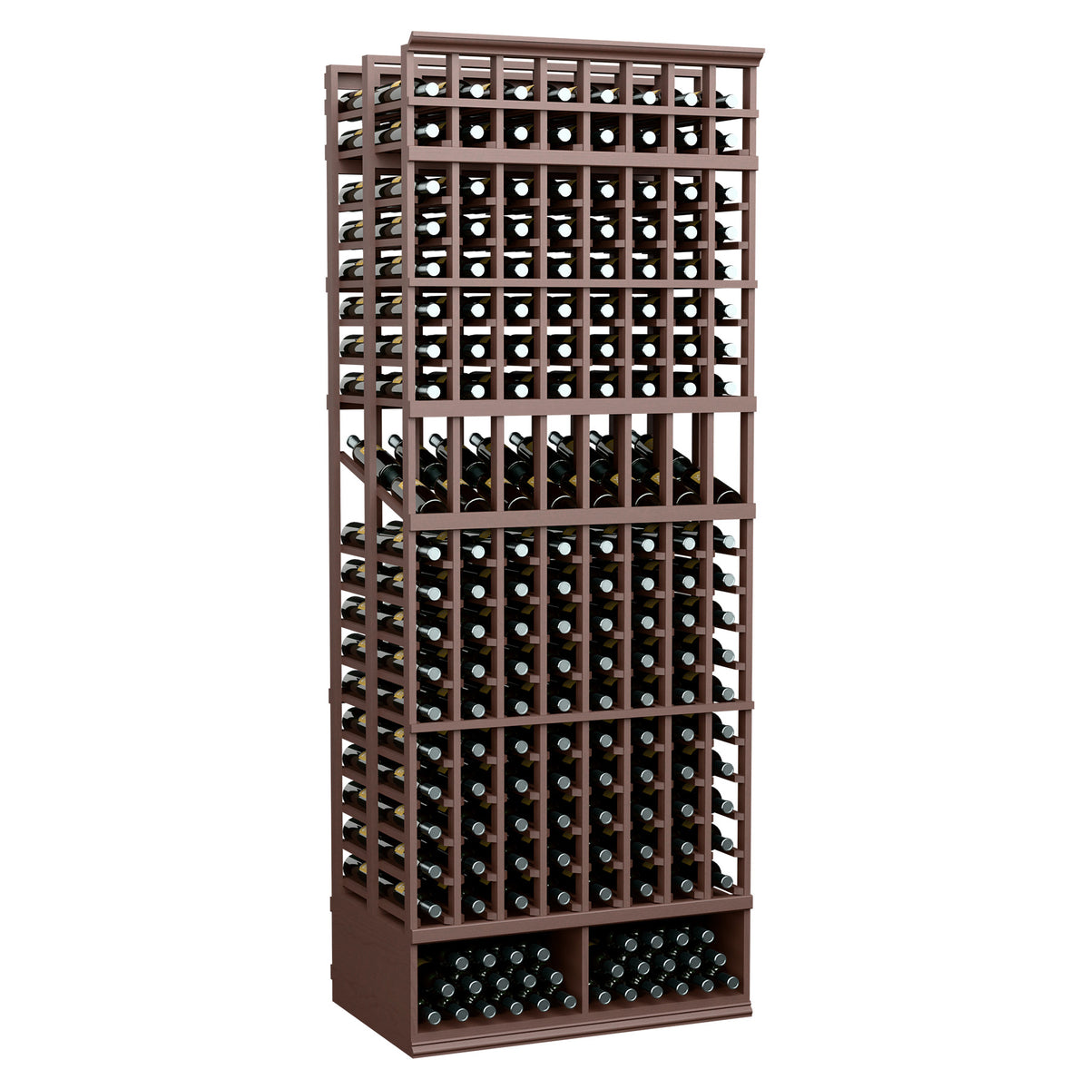 Wine bottle display rack, 8-column double-deep, dark wood frame with black bottle slots
