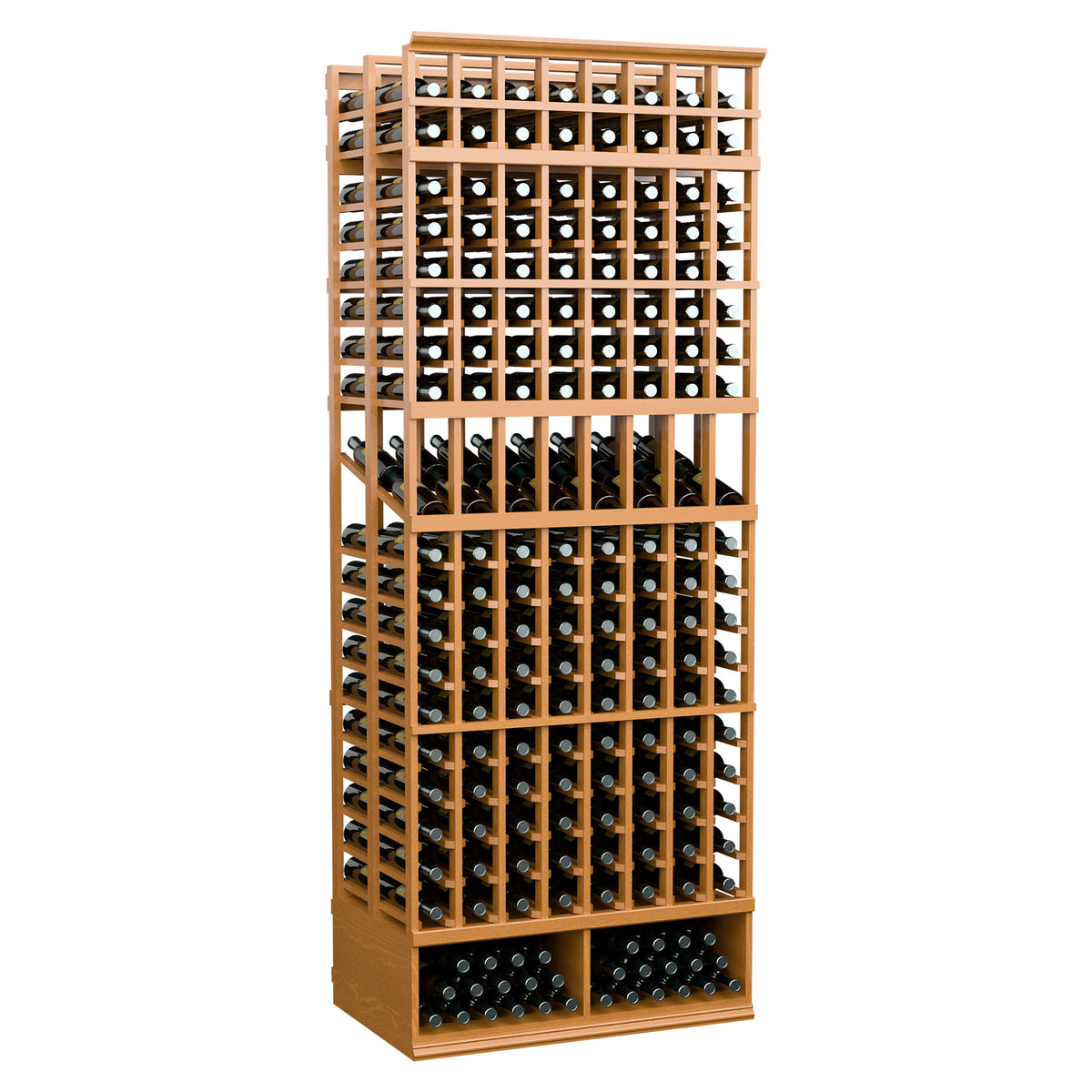 Wine bottle display rack, 8-column double-deep, warm wood frame with black bottle slots