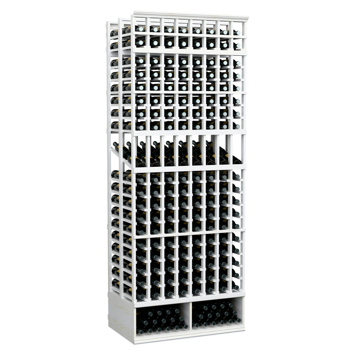 Wine bottle display rack, 8-column double-deep, whitewashed wood frame with black bottle slots