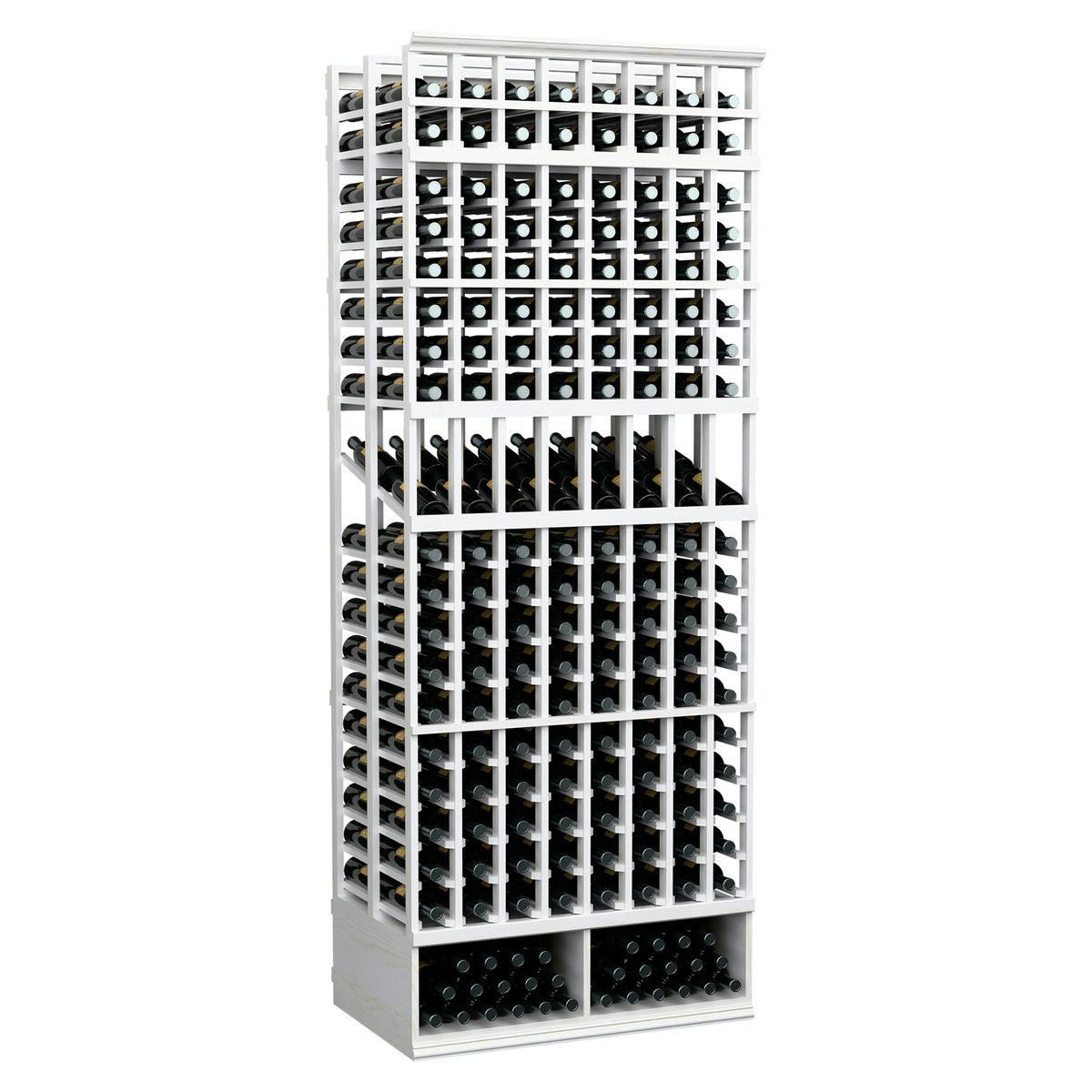 Wine bottle display rack, 8-column double-deep, whitewashed wood frame with black bottle slots