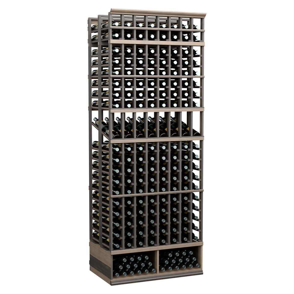 Dark wood 8-column double-deep wine display rack with bottle holders and grid