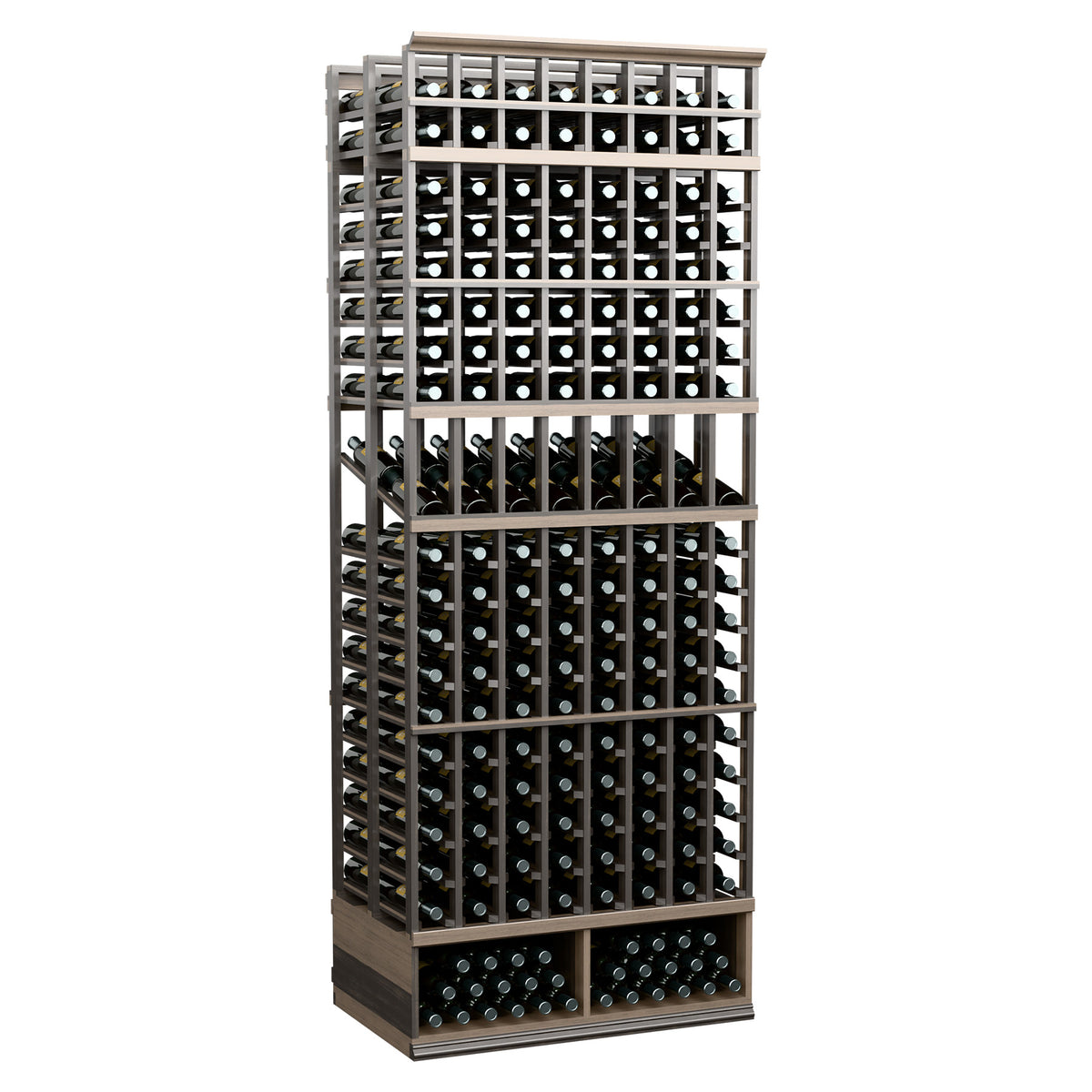 Black 8-column double-deep wine display rack with bottle slots in a grid frame