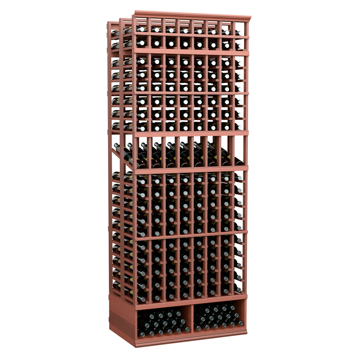Red-brown wood 8-column double-deep wine display rack with bottle slots on grids