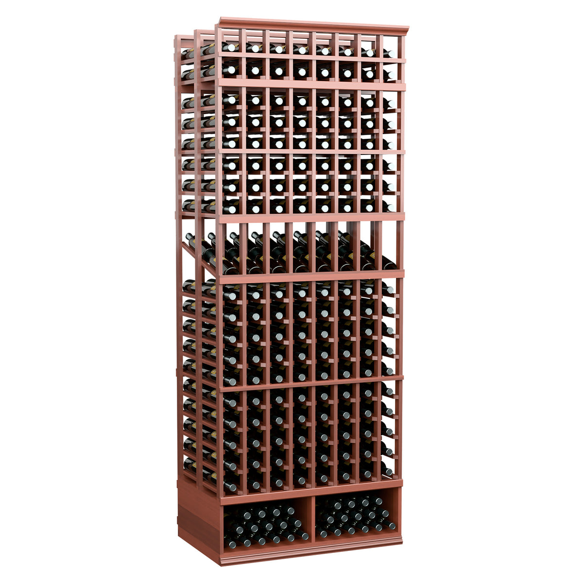 Red-brown wood 8-column double-deep wine display rack with open grid bottle holders