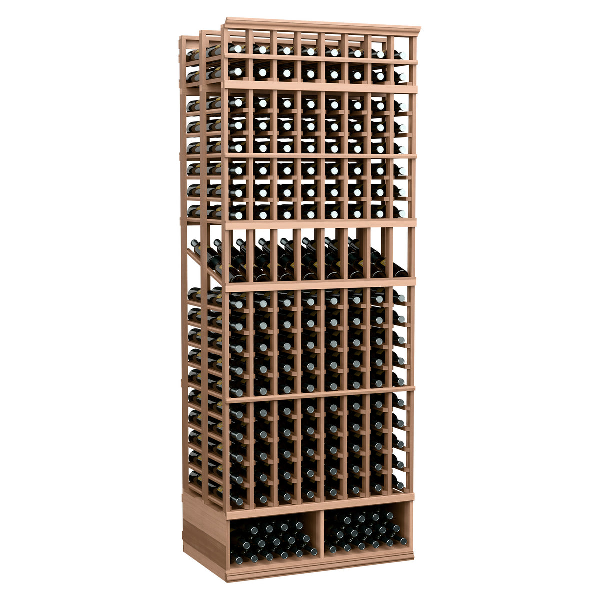 Light tan wood 8-column double-deep wine display rack with bottle slots on grids