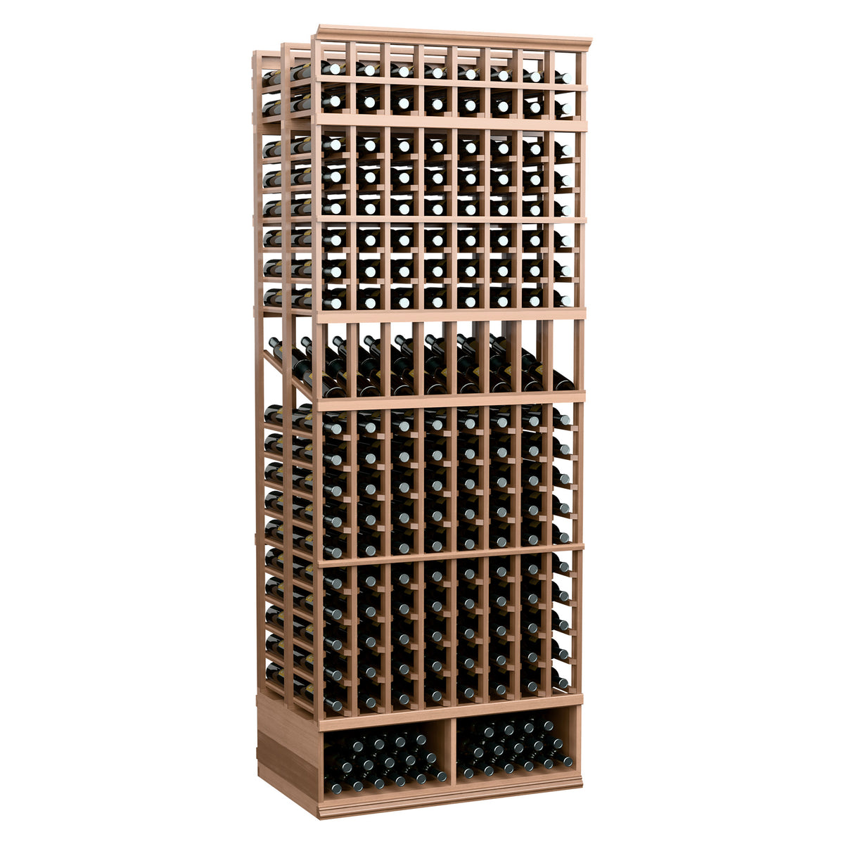 Light tan wood 8-column double-deep wine display rack with bottle rows and lattice sides