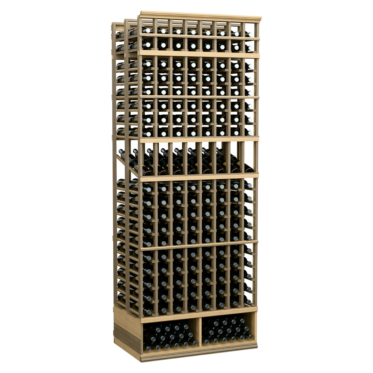 Pale gray-stained wood 8-column double-deep wine display rack with bottle slots
