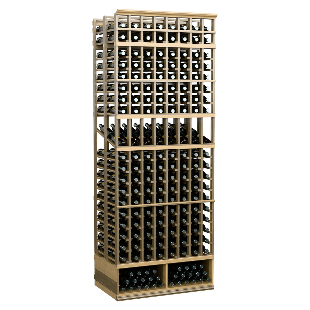 Pale gray-stained wood 8-column double-deep wine display rack with grid bottle holders