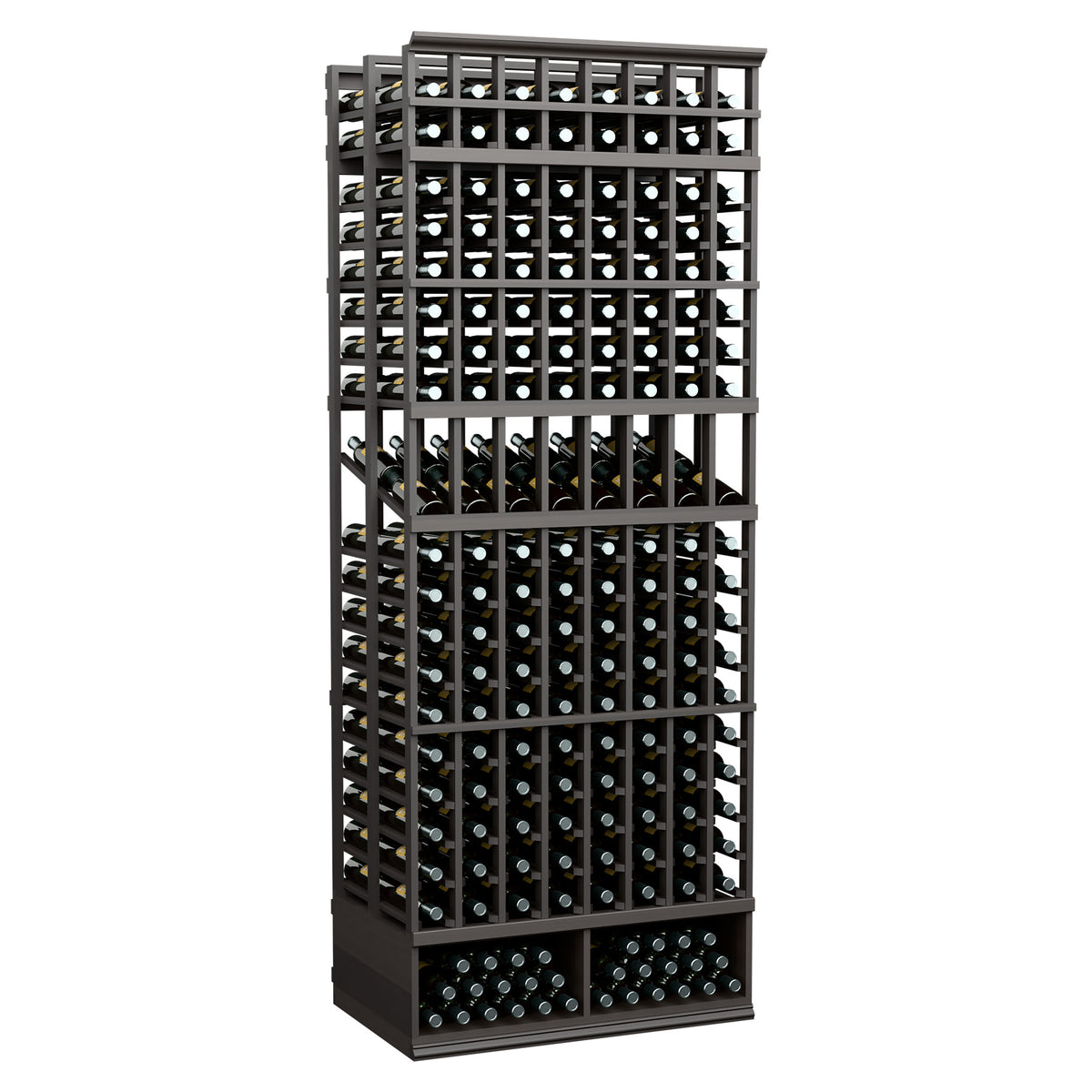 Charcoal/black 8-column double-deep wine display rack with bottle slots in two levels