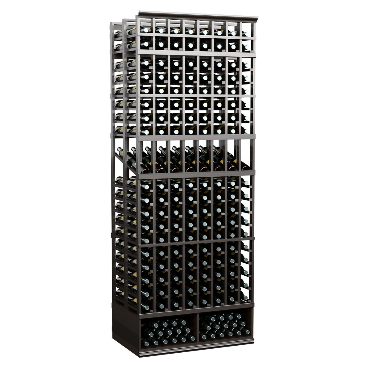 Charcoal/black 8-column double-deep wine display rack with bottle rows and frames