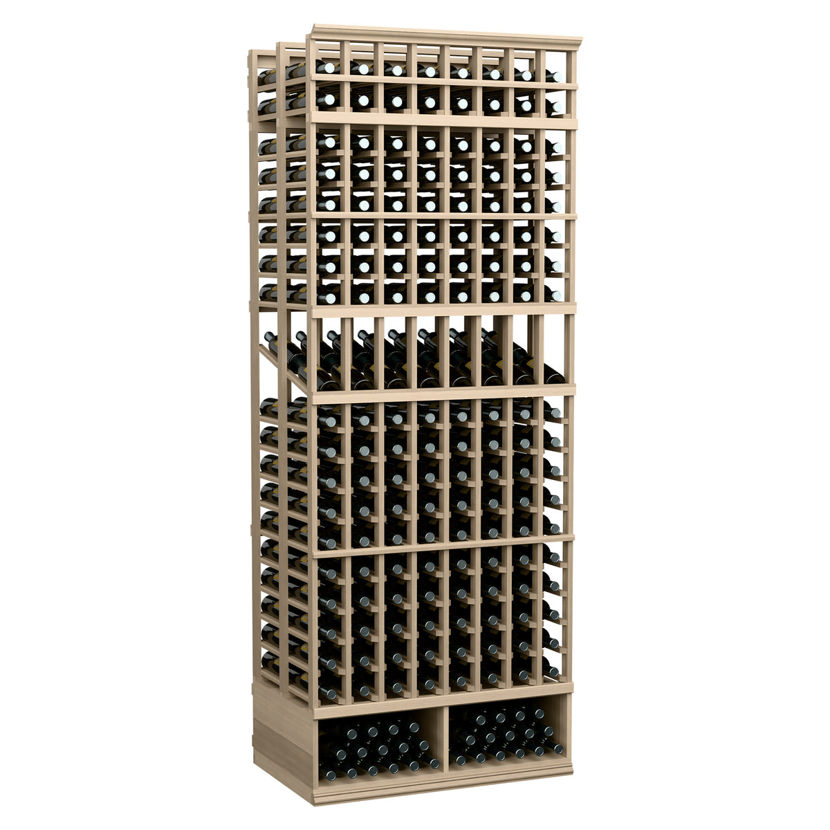 8ft double deep wine display rack with 8 columns, natural wood, glass bottle slots