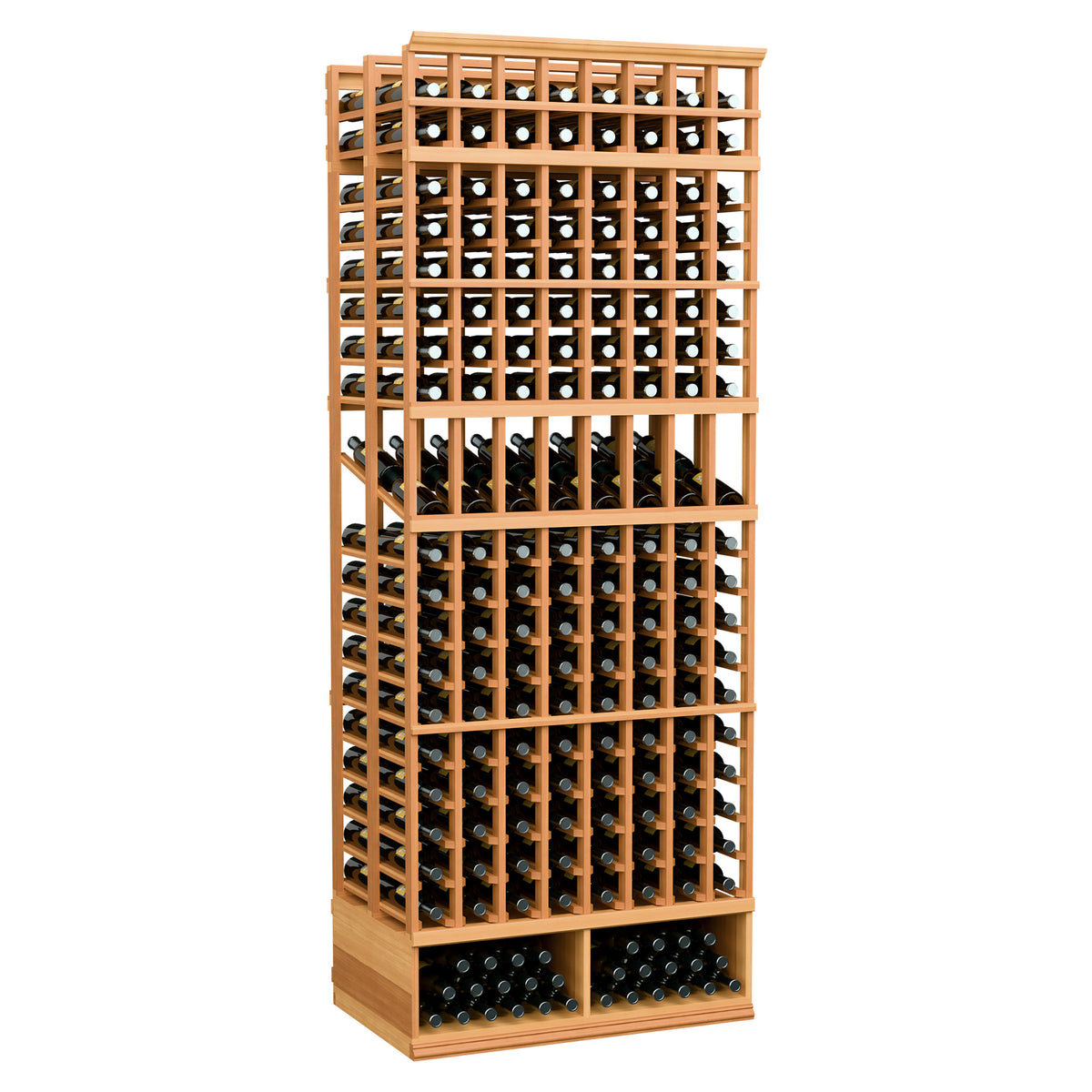 8ft double deep wine display rack with 8 columns, warm wood tone, bottle holder rows