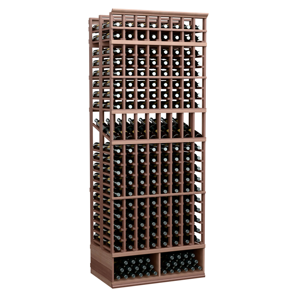 8ft double deep wine display rack with 8 columns, dark wood tone, bottle storage cells