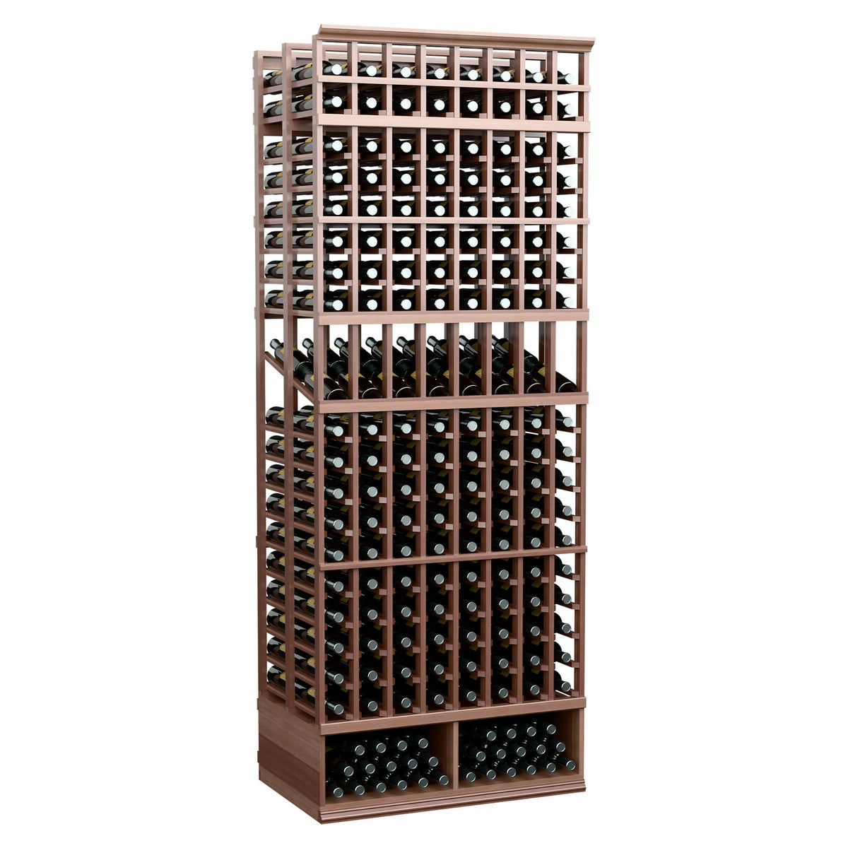 8ft double deep wine display rack with 8 columns, dark wood tone, wine bottle rack