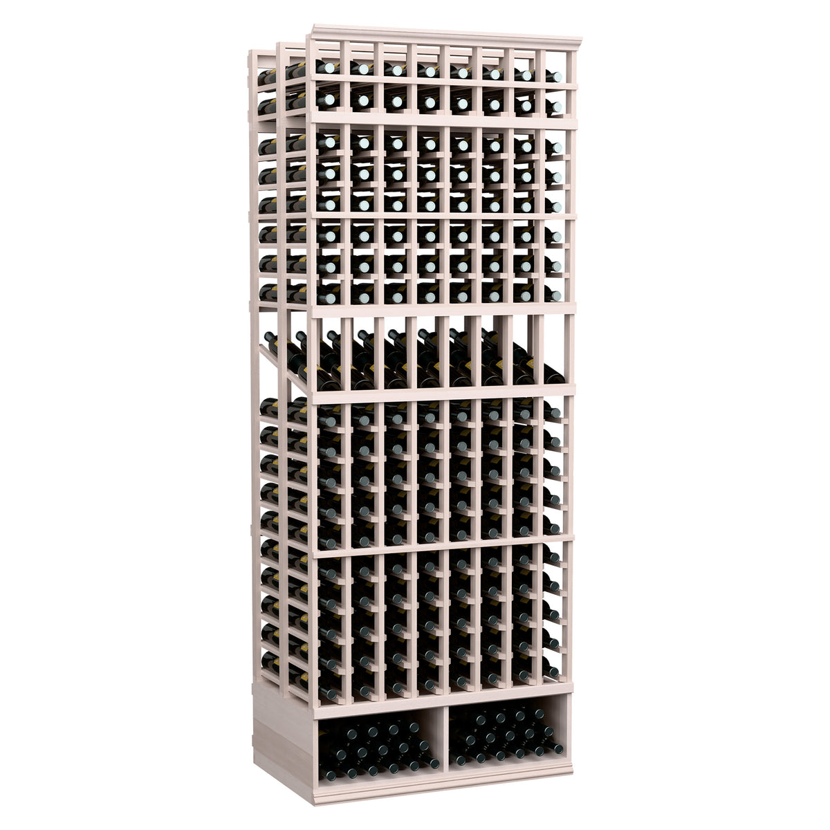 8ft double deep wine display rack with 8 columns, grey stained wood, bottle storage slots