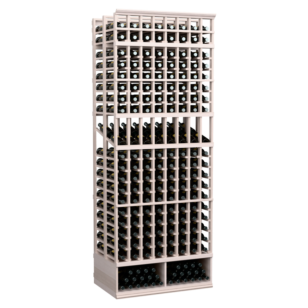 8ft double deep wine display rack with 8 columns, grey stained wood, wine bottle display