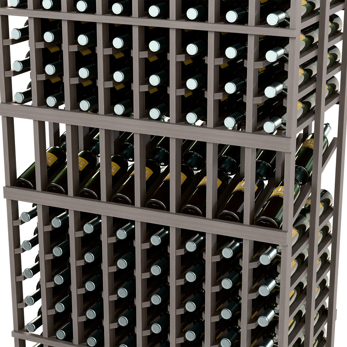 Black wine bottle rack close-up showing double-deep bottle slots and silver caps