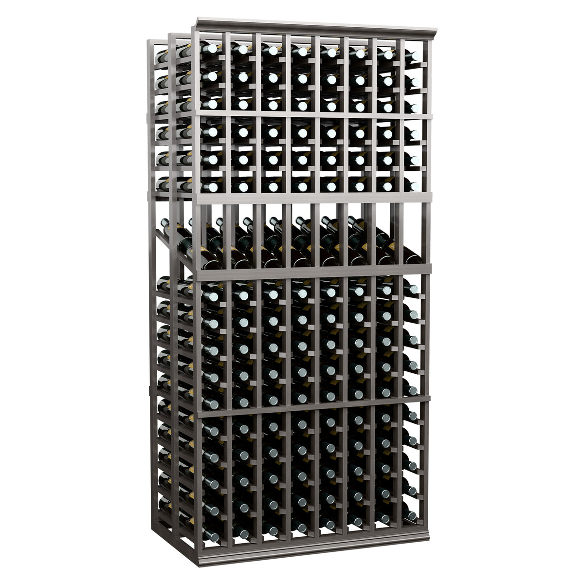 Black 8-column wine bottle display rack with double-deep rows and bottle necks