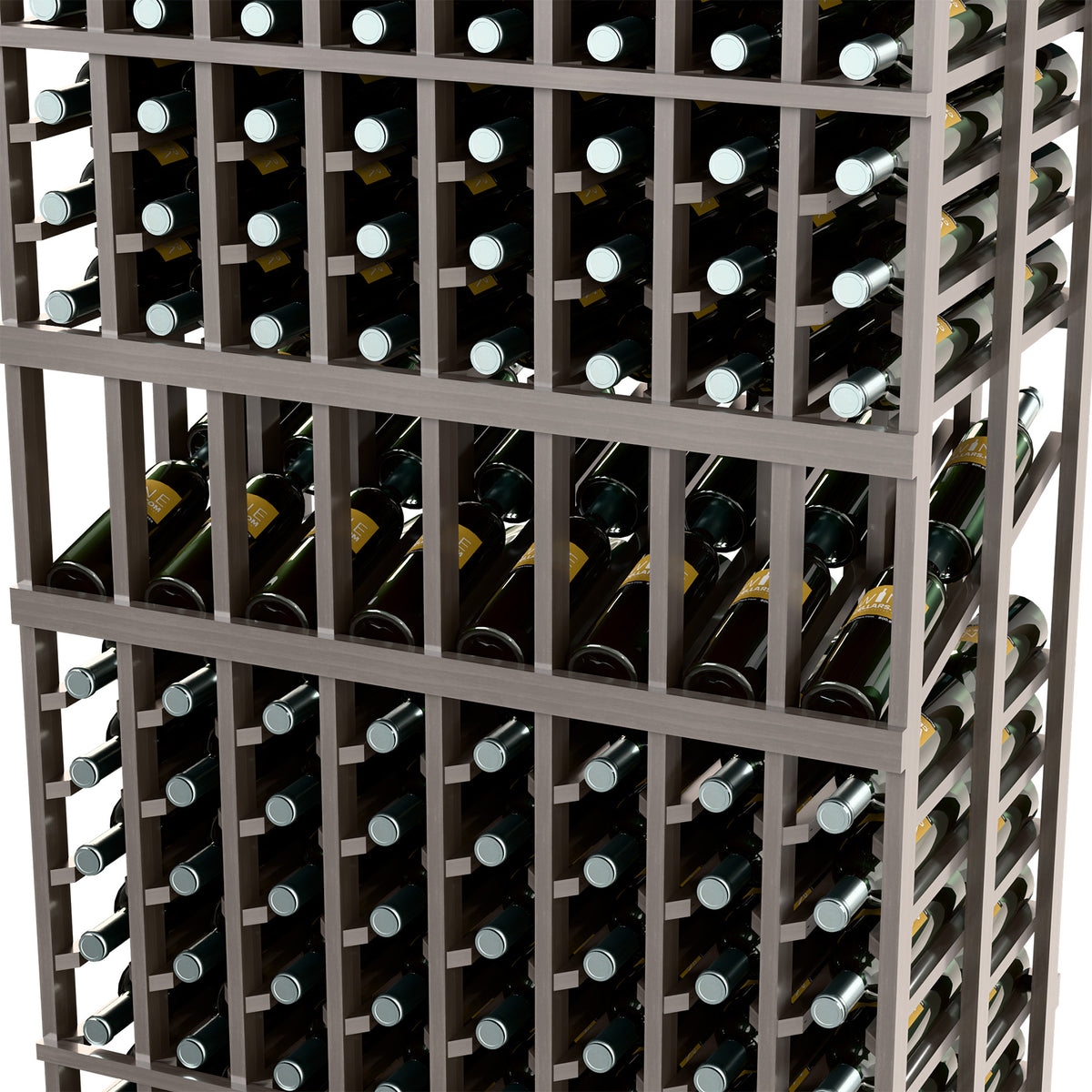 Black wine bottle rack close-up with double-deep compartments and bottle necks
