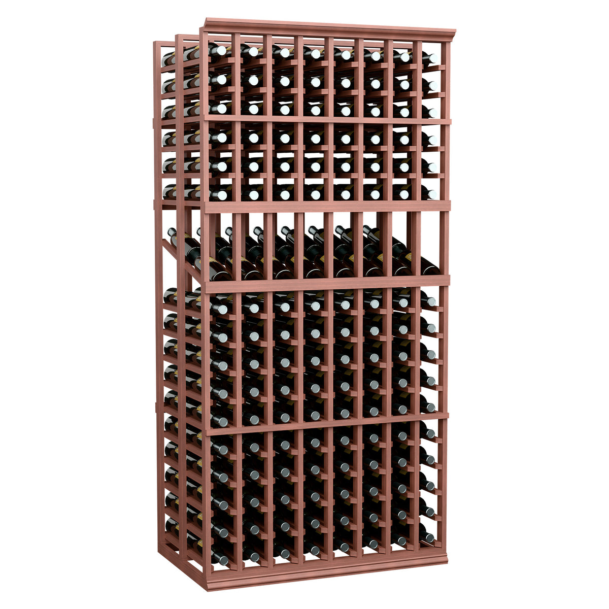 Brown wine bottle display rack with double-deep slots and visible bottle necks