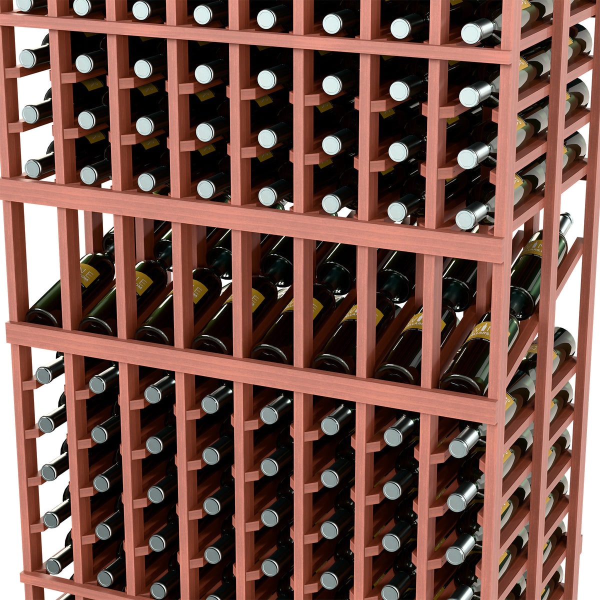 Brown wine bottle rack close-up showing double-deep slots and bottle necks