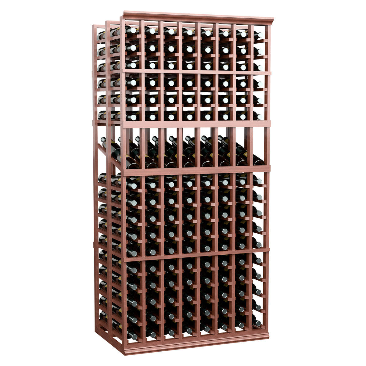 Brown 8-column wine bottle display rack with double-deep rows and bottle necks